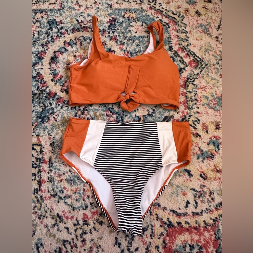 burnt orange, black and white stripe two-piece women’s bikini